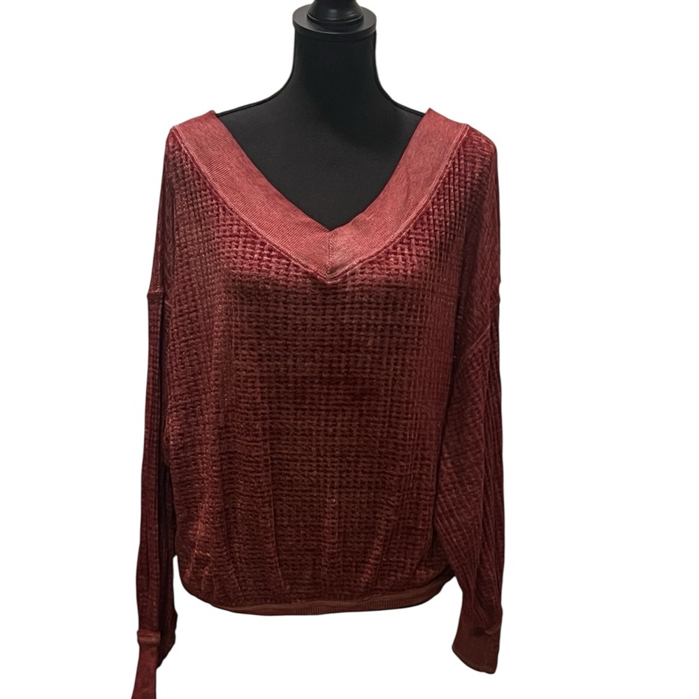 Free People We The Free South Side Thermal Balloon Sleeve Top-Burgundy-Size XS